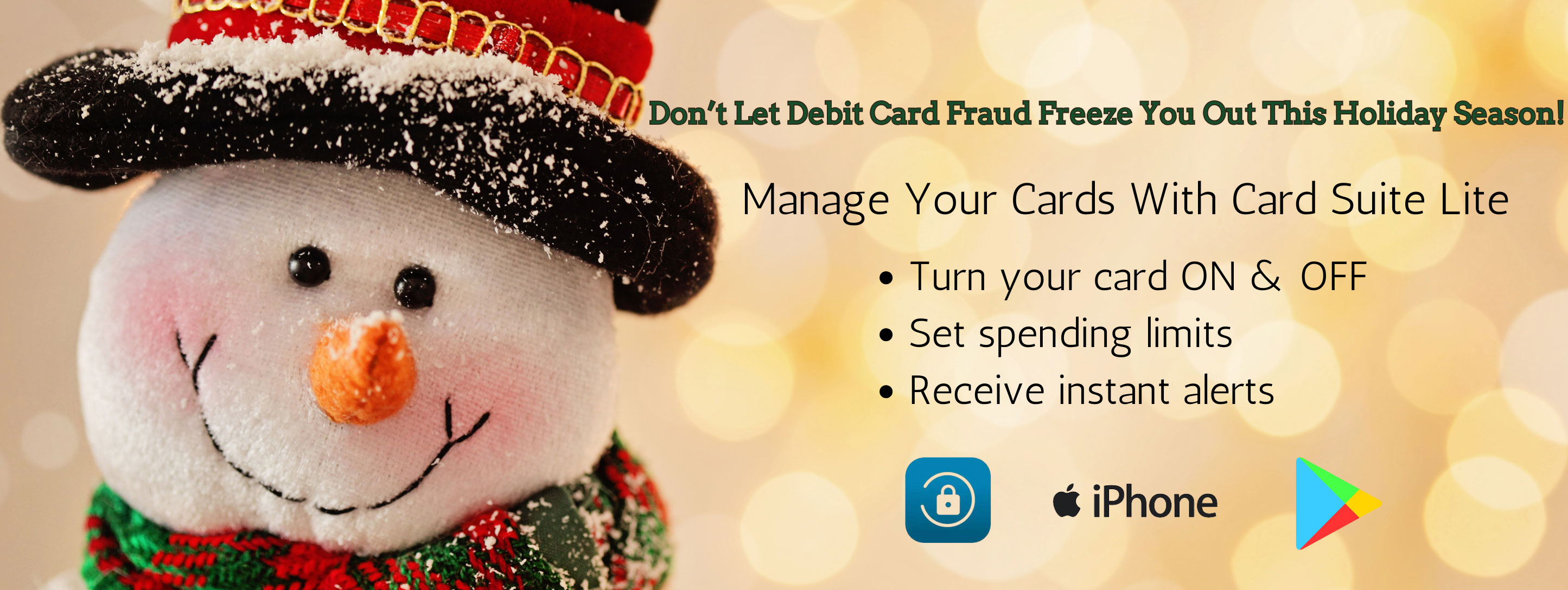 Don't let debit card fraud freexe you out this holiday season. Manage your card with Card Suite Lite. Turn you card on and off. Set spending limits. Receive instant alerts.